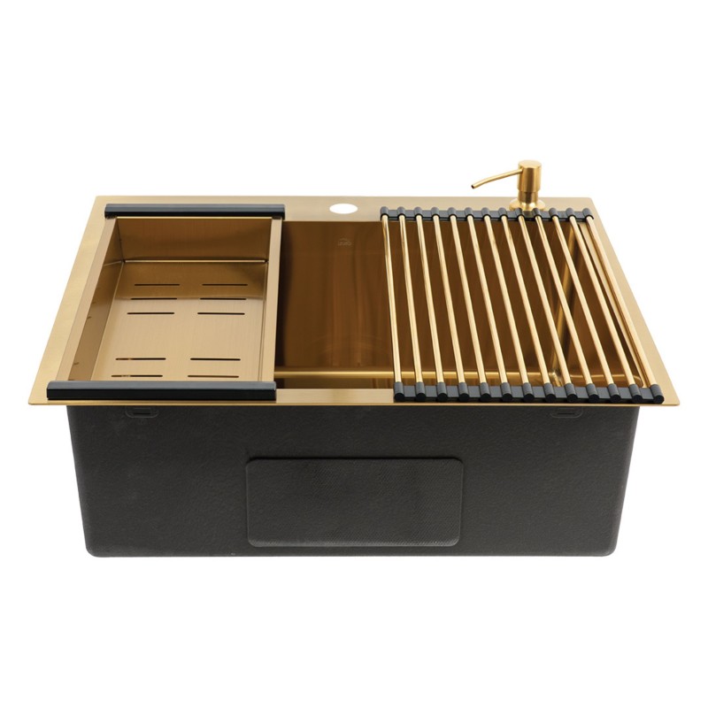 Zlew Zlewozmywak Jednokomorowy z Syfonem,Dozownikiem, Ociekaczem, Wkładką Ociekową Stalowy MALAWI Złoty