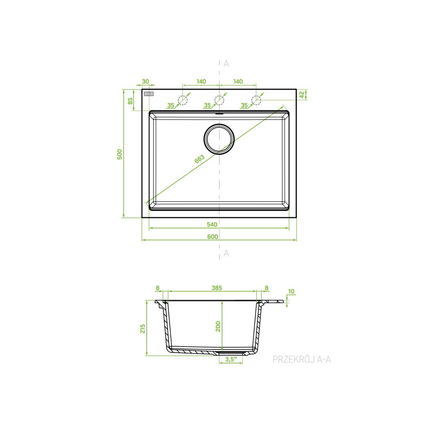 Zlewozmywak Granitowy 1 komorowy 50x60cm z syfonem Czarny TAU Laveo