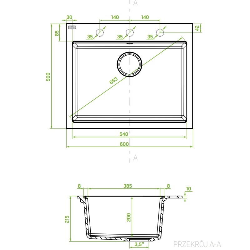 Zlewozmywak Granitowy 1 komorowy 50x60cm z syfonem Czarny TAU Laveo
