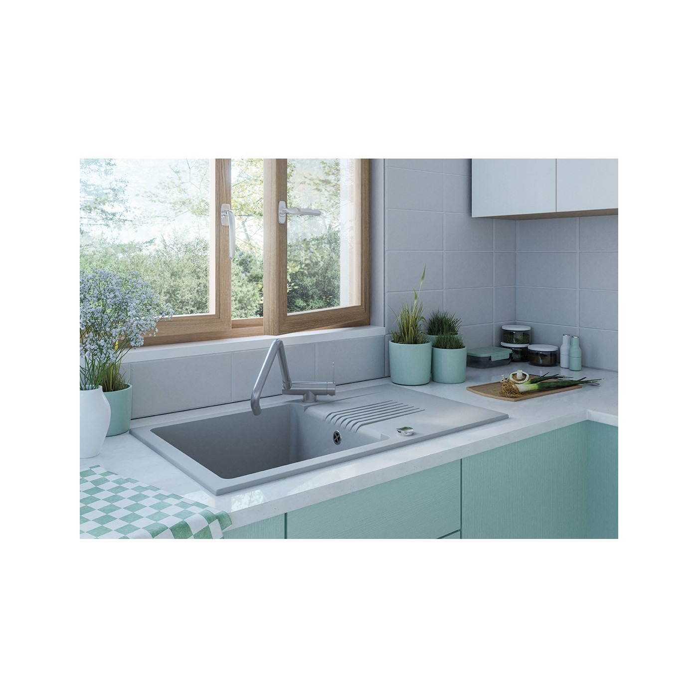 Bateria Zlewozmywakowa Stojąca z wylewką L Srebrna BONA Laveo Bateria Zlewozmywakowa Stojąca z wylewką L Srebrna BONA Laveo