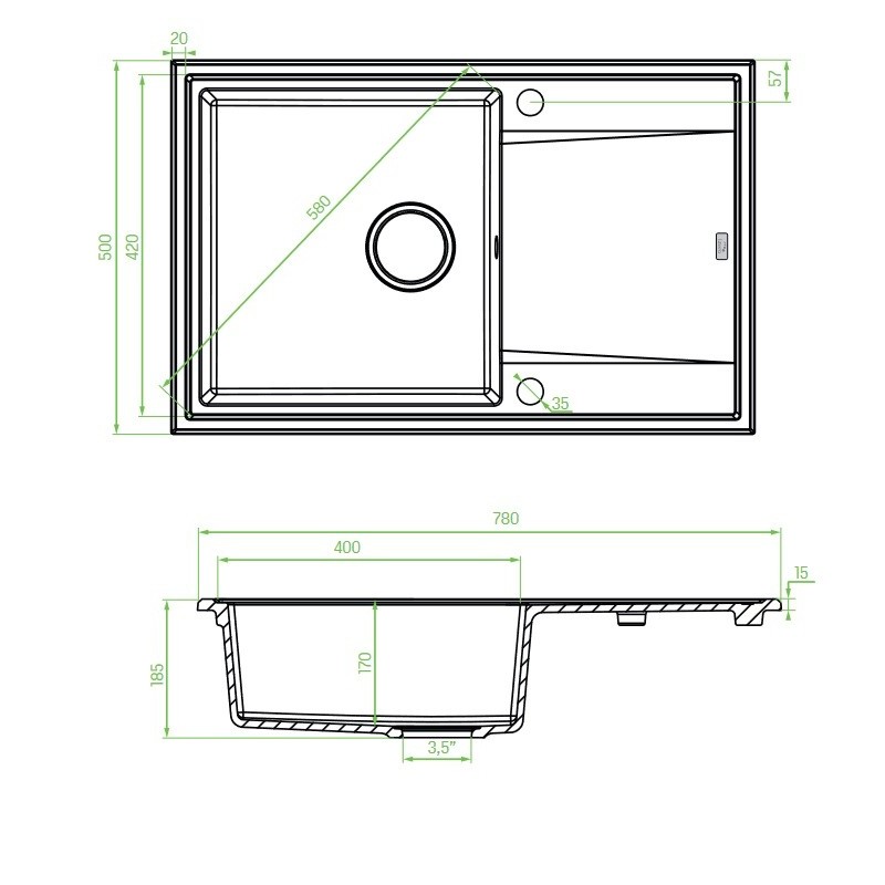 Zlewozmywak Granitowy 1 komorowy z ociekaczem 50x78cm syfon Czarny MEGALO Laveo
