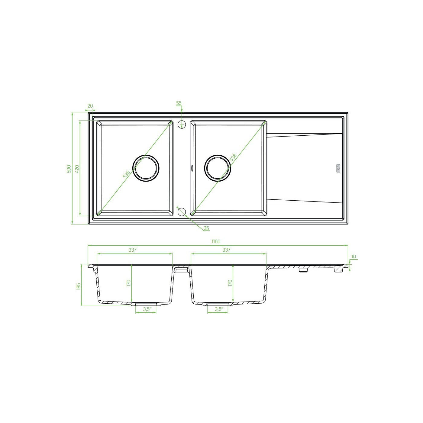 Zlewozmywak Granitowy Monochrom Dwukomorowy Ociekacz Odwracalny