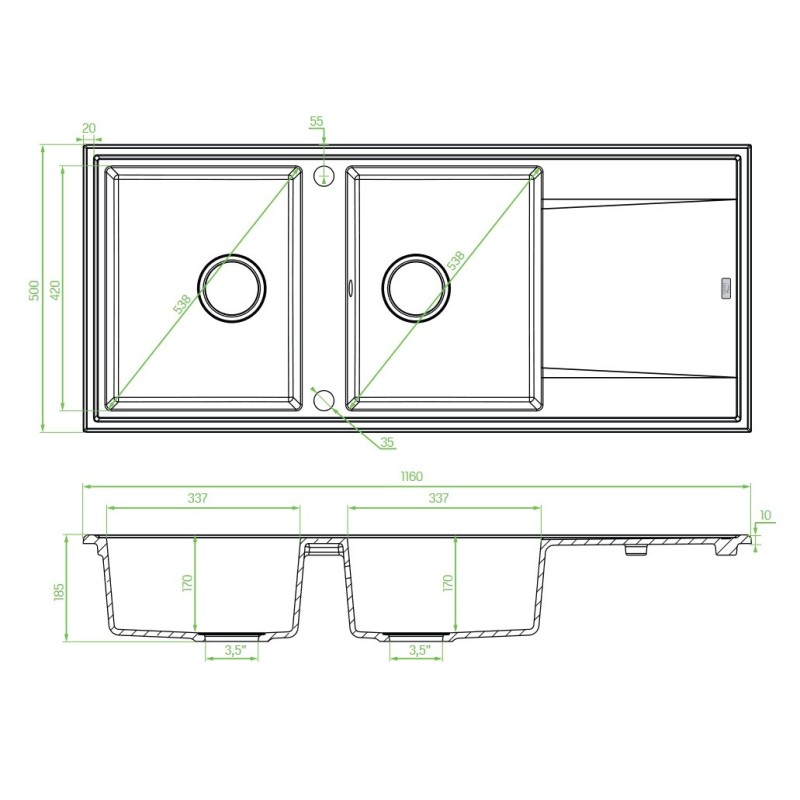 Zlewozmywak Granitowy Monochrom Dwukomorowy Ociekacz Odwracalny