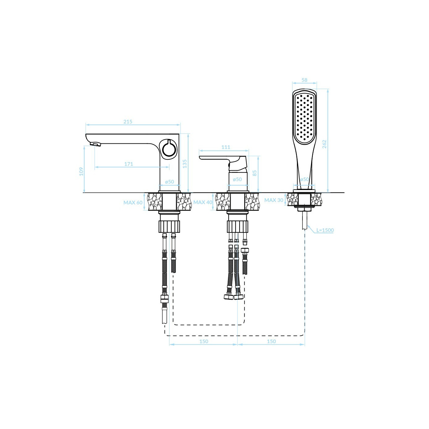 Bateria Wannowa Stojąca 3-otworowa Czarna DIMA Kuchinox BQD_713D