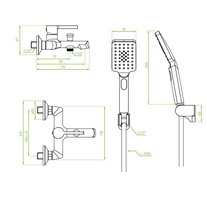 Bateria Wannowa Ścienna z Zestawem Natryskowym ALITA Chrom Laveo BVA_011D Bateria Wannowa Ścienna z Zestawem Natryskowym ALITA Chrom Laveo BVA_011D