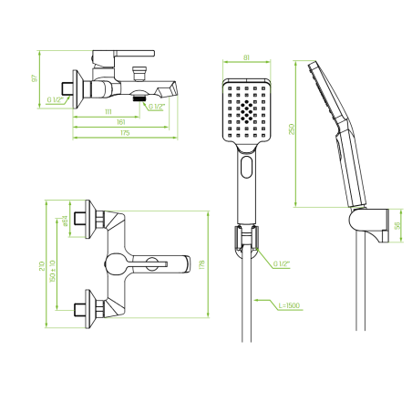 Bateria Wannowa Ścienna z Zestawem Natryskowym ALITA Chrom Laveo BVA_011D