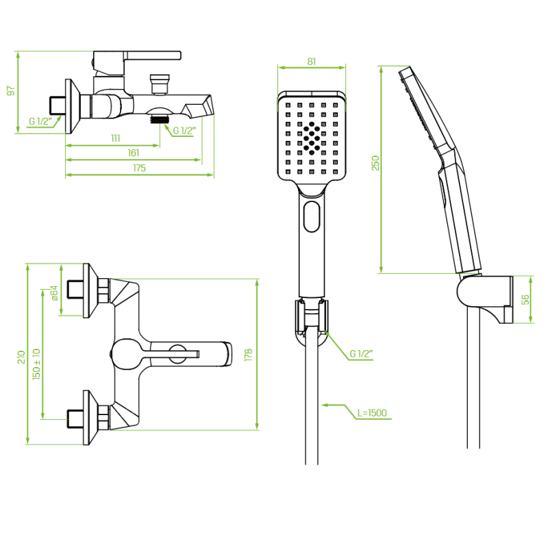 Bateria Wannowa Ścienna z Zestawem Natryskowym ALITA Czarna BVA_711D Bateria Wannowa Ścienna z Zestawem Natryskowym ALITA Czarna BVA_711D
