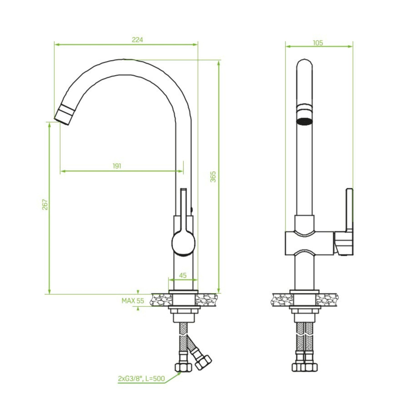 Bateria Zlewozmywakowa Stojąca z wylewką U ALITA Srebrna Laveo Bateria Zlewozmywakowa Stojąca z wylewką U ALITA Srebrna Laveo