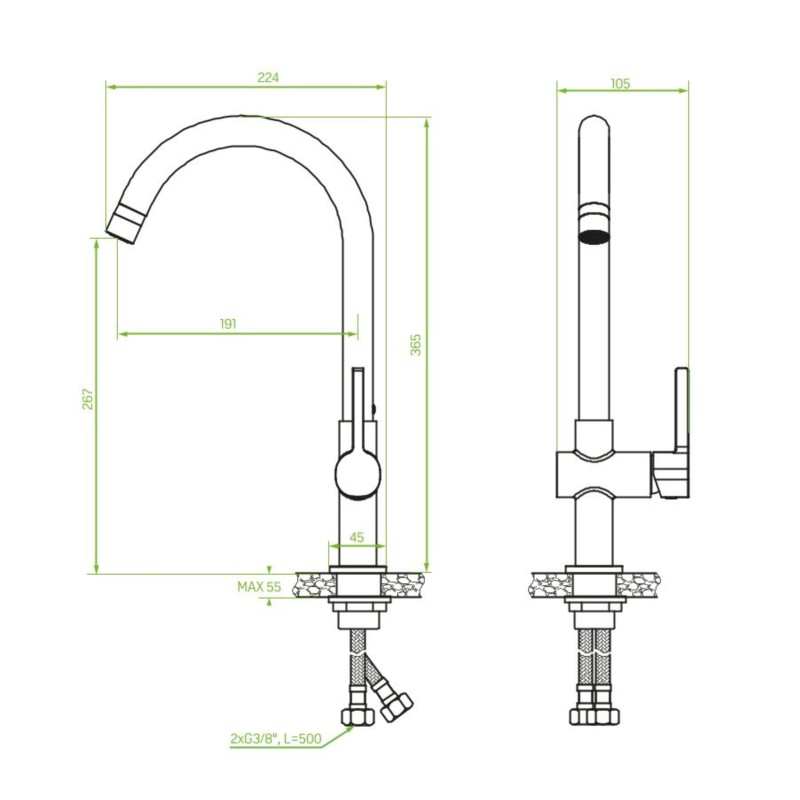 Bateria Zlewozmywakowa Stojąca z wylewką U ALITA Srebrna Laveo Bateria Zlewozmywakowa Stojąca z wylewką U ALITA Srebrna Laveo