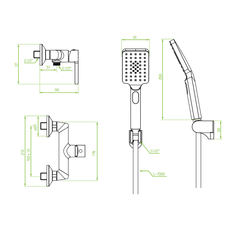 Bateria Natryskowa Ścienna z Zestawem Natryskowym ALITA Chrom BVA_041D Bateria Natryskowa Ścienna z Zestawem Natryskowym ALITA Chrom BVA_041D