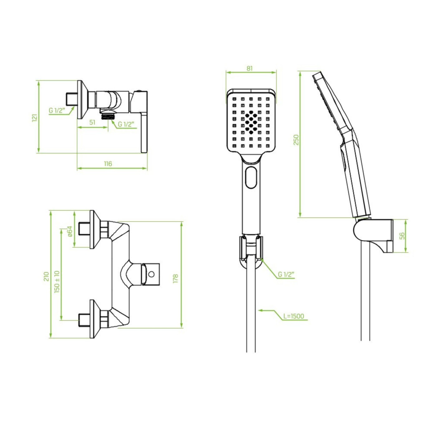 Bateria Natryskowa Ścienna z Zestawem Natryskowym ALITA Czarna Laveo
