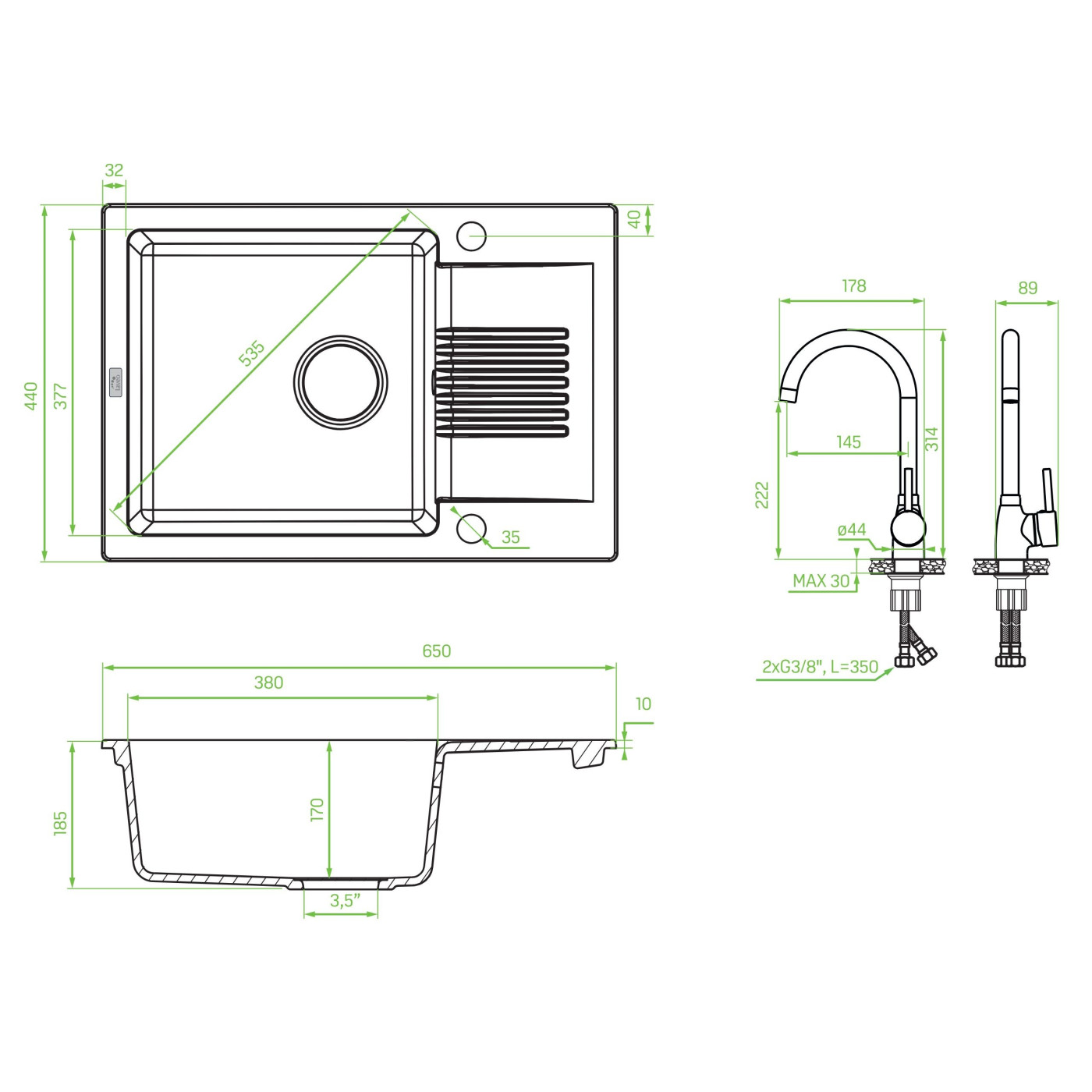 Zlewozmywak Jednokomorowy Granitowy z Baterią i Półociekaczem 44x65cm Celia Laveo Zlewozmywak Jednokomorowy Granitowy z Baterią i Półociekaczem 44x65cm Celia Laveo