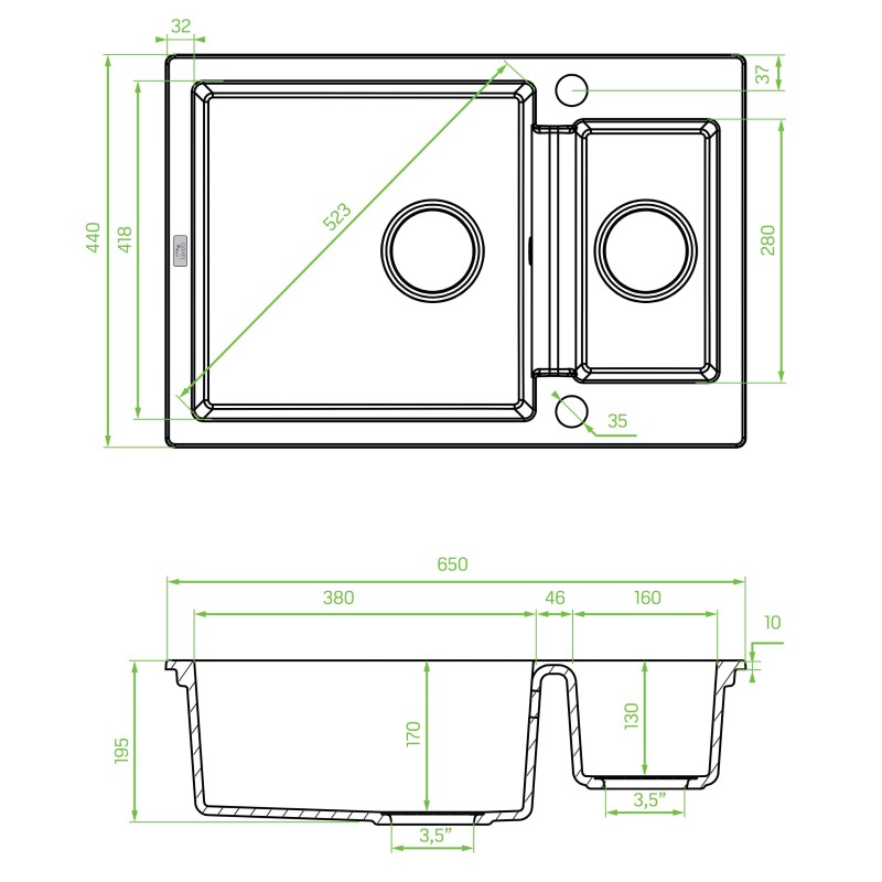 Zlew Zlewozmywak Granitowy Beżowy1,5 Komorowy CELIA BEZ SYFONU