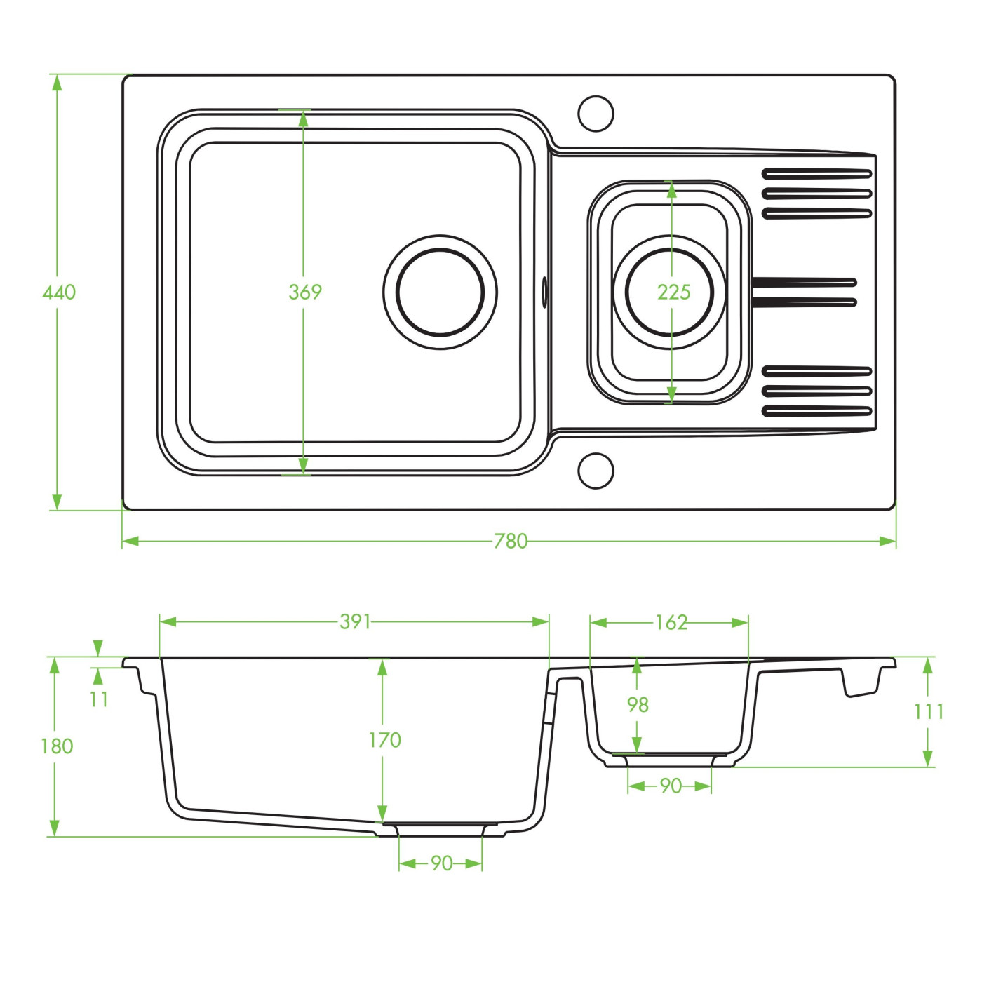 Zlew Zlewozmywak Granitowy 1,5 Komorowy Z Baterią MADAGASKAR