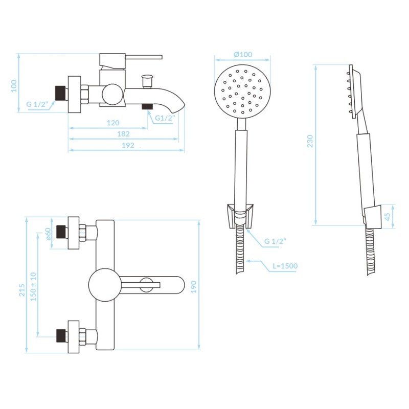 Bateria Wannowa Ścienna z zestawem natryskowym Srebrna NOIA BNK_211D Bateria Wannowa Ścienna z zestawem natryskowym Srebrna NOIA BNK_211D
