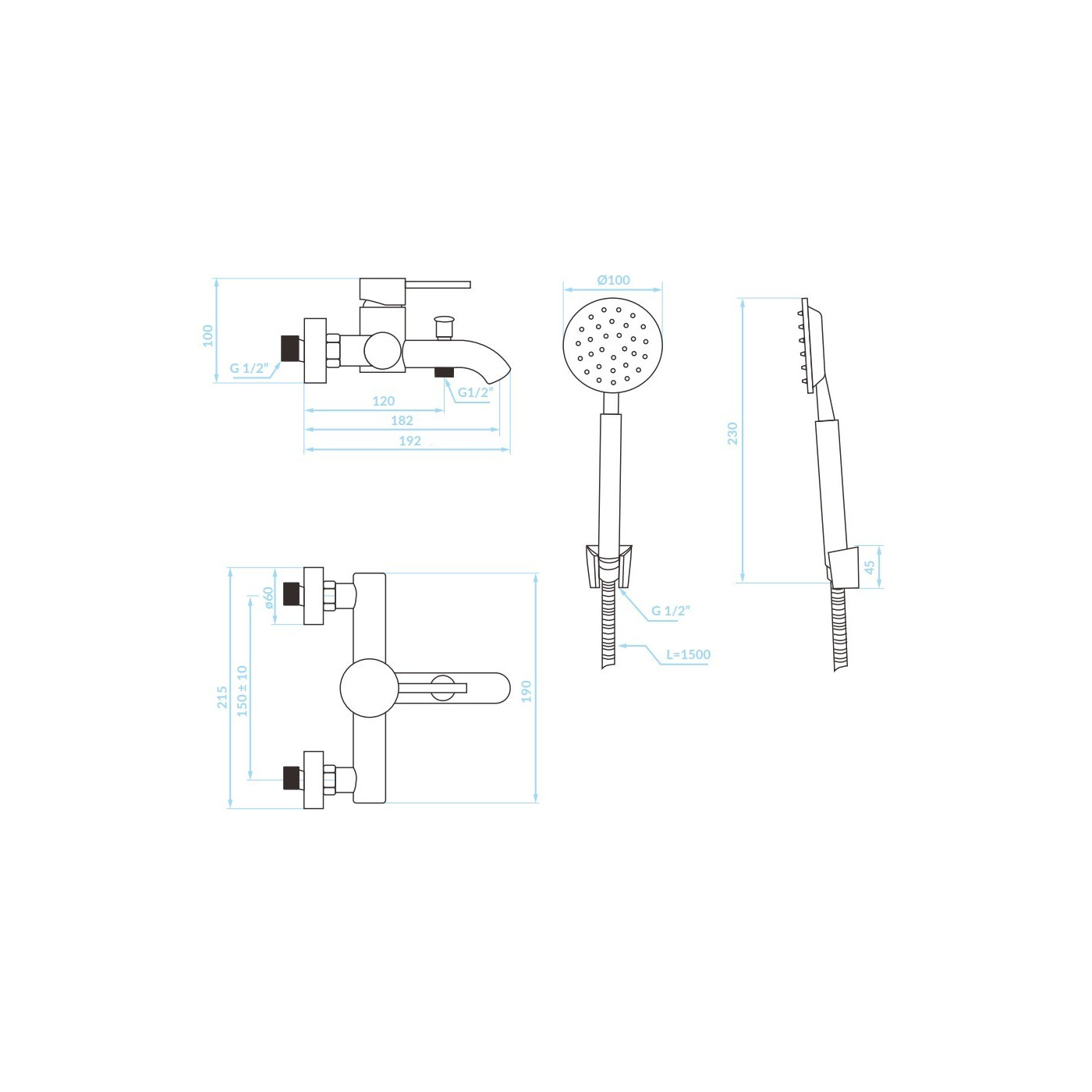 Bateria Wannowa Ścienna z zestawem natryskowym Czarna NOIA BNK_711D Bateria Wannowa Ścienna z zestawem natryskowym Czarna NOIA BNK_711D