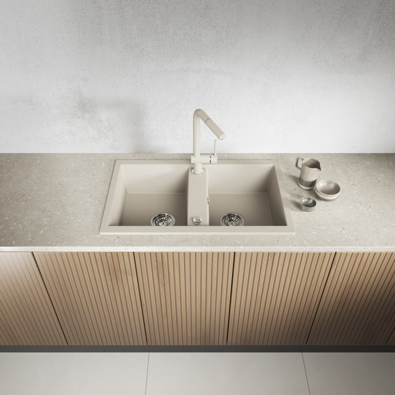 Zlew Zlewozmywak Granitowy Beżowy 2 Komorowy Barbados