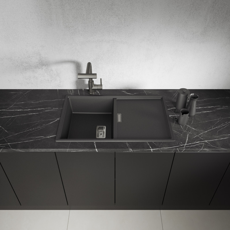 Zlewozmywak Granitowy 1 komorowy z ociekaczem 50x80cm z syfonem Czarny TONGA Laveo