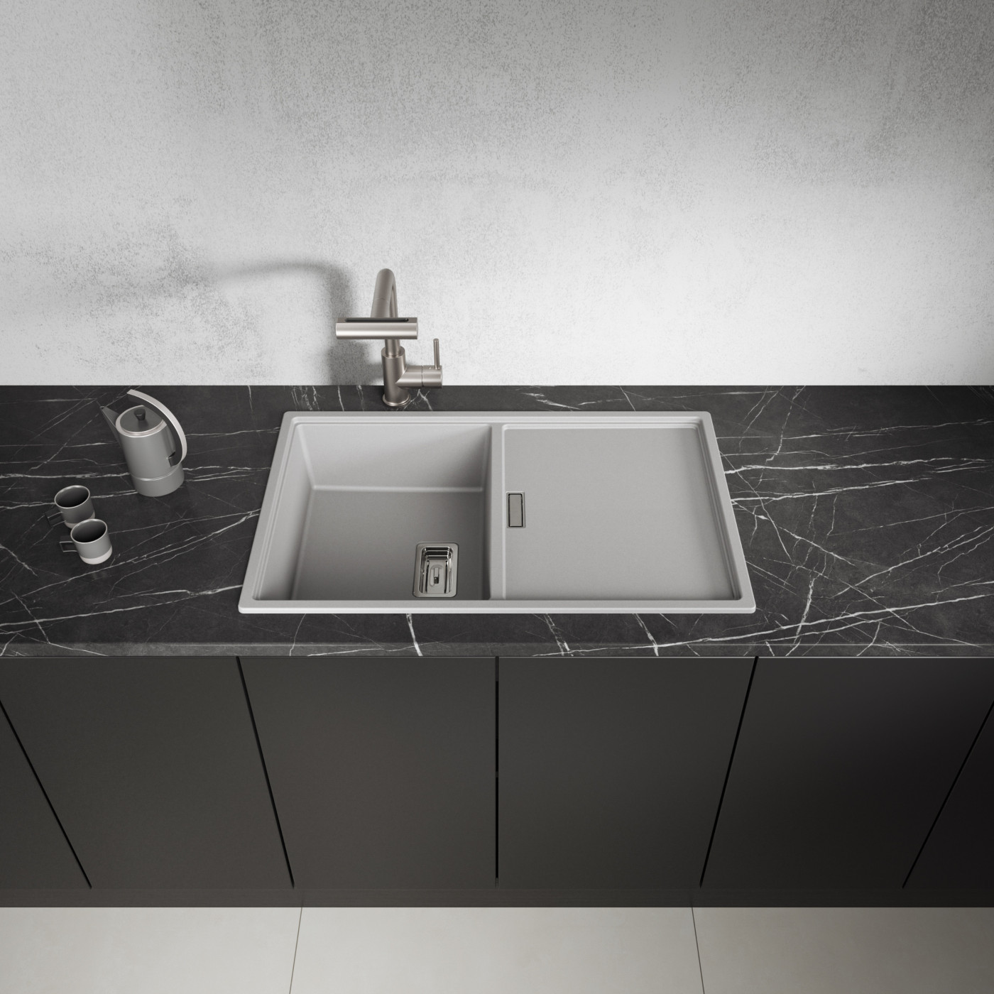 Zlewozmywak Granitowy 1 komorowy z ociekaczem 50x80cm z syfonem Szary TONGA Laveo Zlewozmywak Granitowy 1 komorowy z ociekaczem 50x80cm z syfonem Szary TONGA Laveo