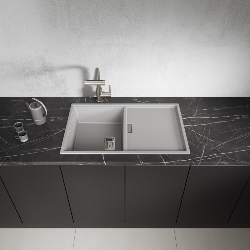 Zlewozmywak Granitowy 1 komorowy z ociekaczem 50x80cm z syfonem Szary TONGA Laveo Zlewozmywak Granitowy 1 komorowy z ociekaczem 50x80cm z syfonem Szary TONGA Laveo