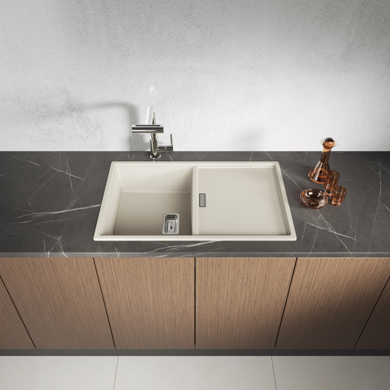 Zlewozmywak Granitowy 1 komorowy z ociekaczem 50x80cm z syfonem Beżowy TONGA Laveo Zlewozmywak Granitowy 1 komorowy z ociekaczem 50x80cm z syfonem Beżowy TONGA Laveo