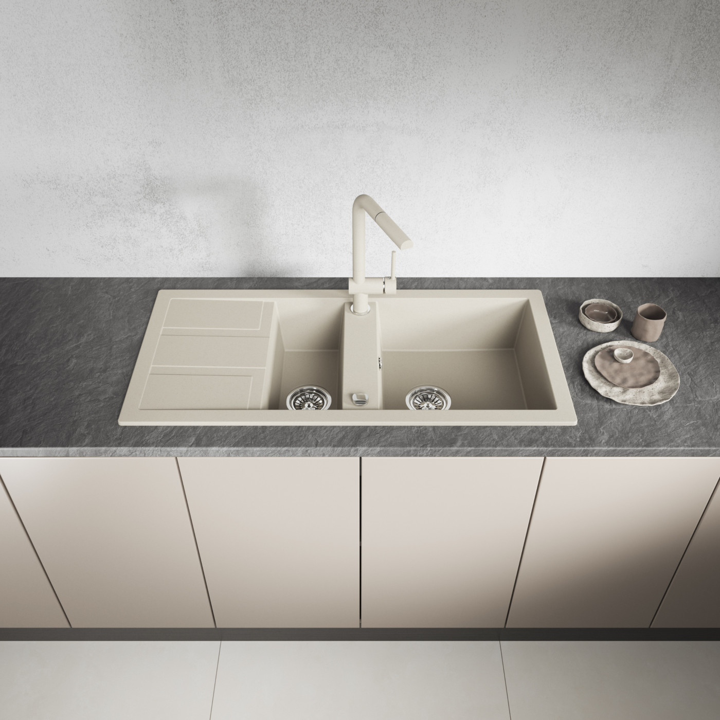 Zlew Zlewozmywak Granitowy Beżowy 1,5 Komorowy