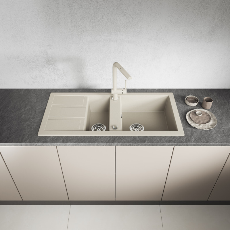 Zlew Zlewozmywak Granitowy Beżowy 1,5 Komorowy